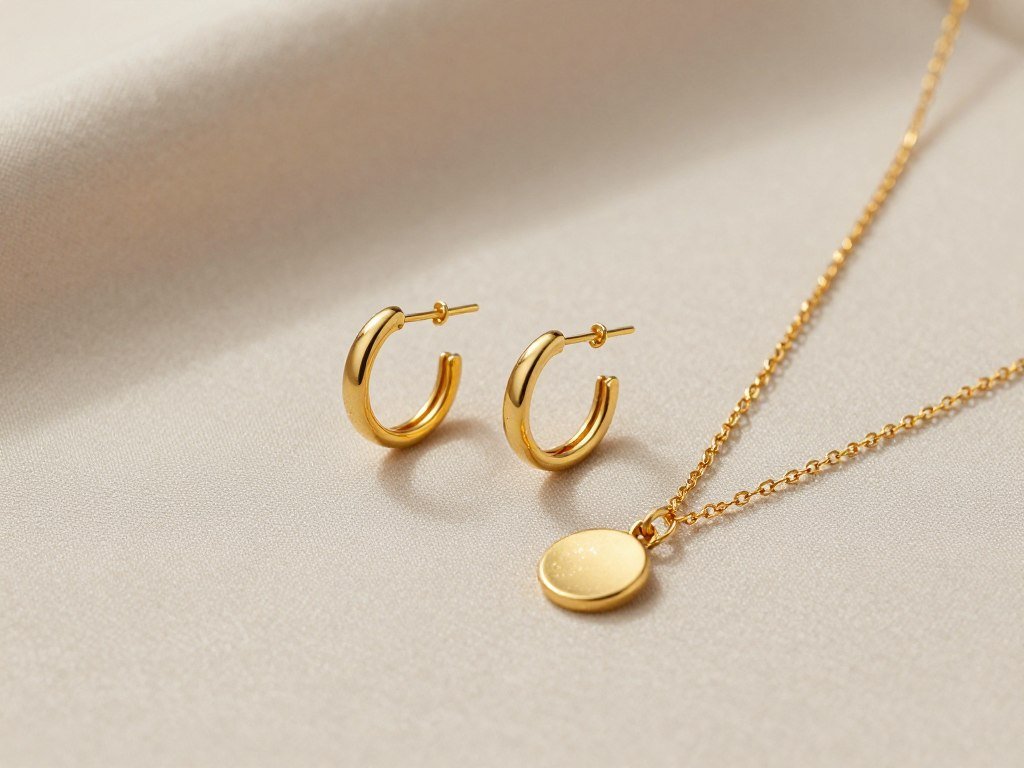 Small gold hoop earrings with a fine chain necklace Small gold hoop earrings with a fine chain necklace