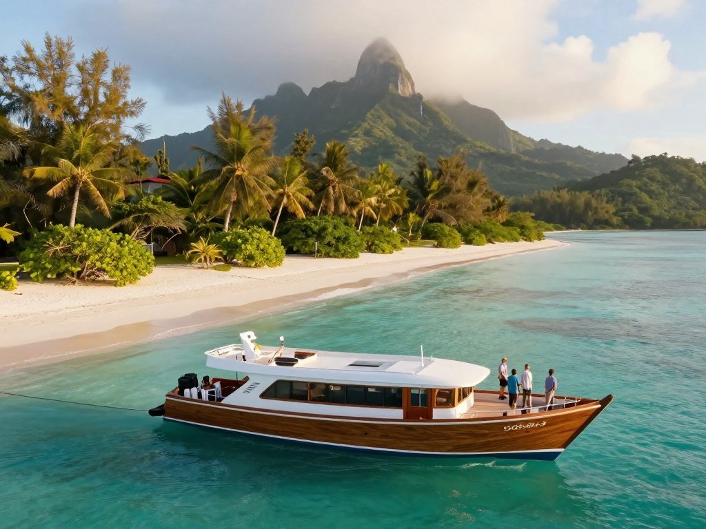 Small luxury ship at a remote island during an expedition cruise