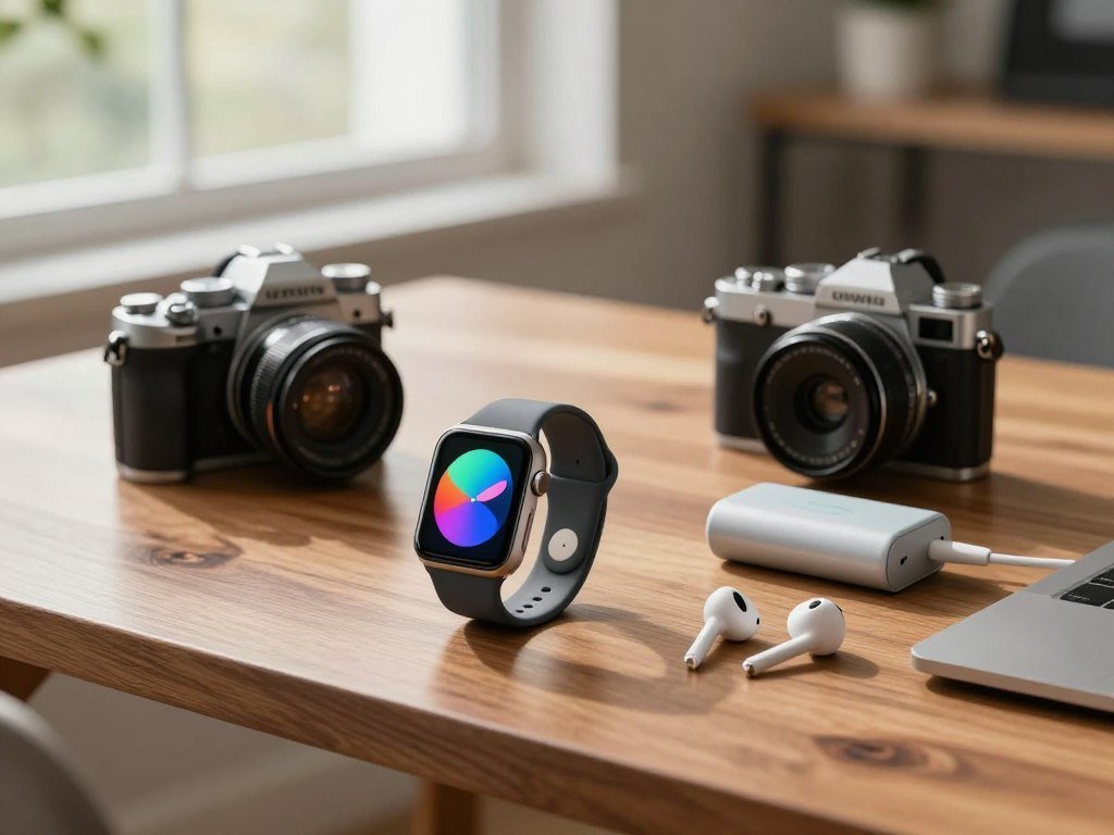 Smartwatch and camera beside practical everyday tech gifts