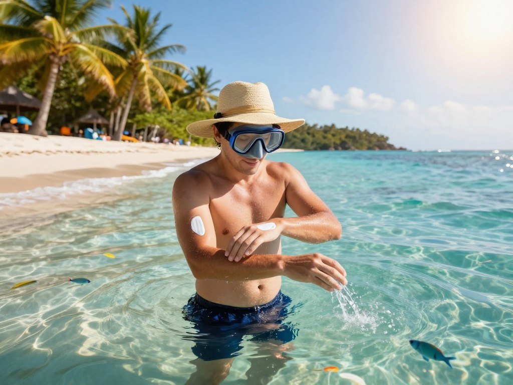 Snorkeler enters ocean wearing sunscreen Snorkeler enters ocean wearing sunscreen