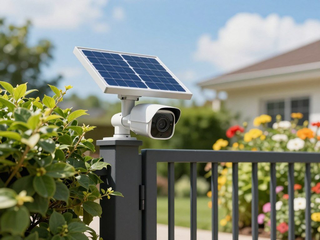 Solar outdoor security camera covering a backyard gate