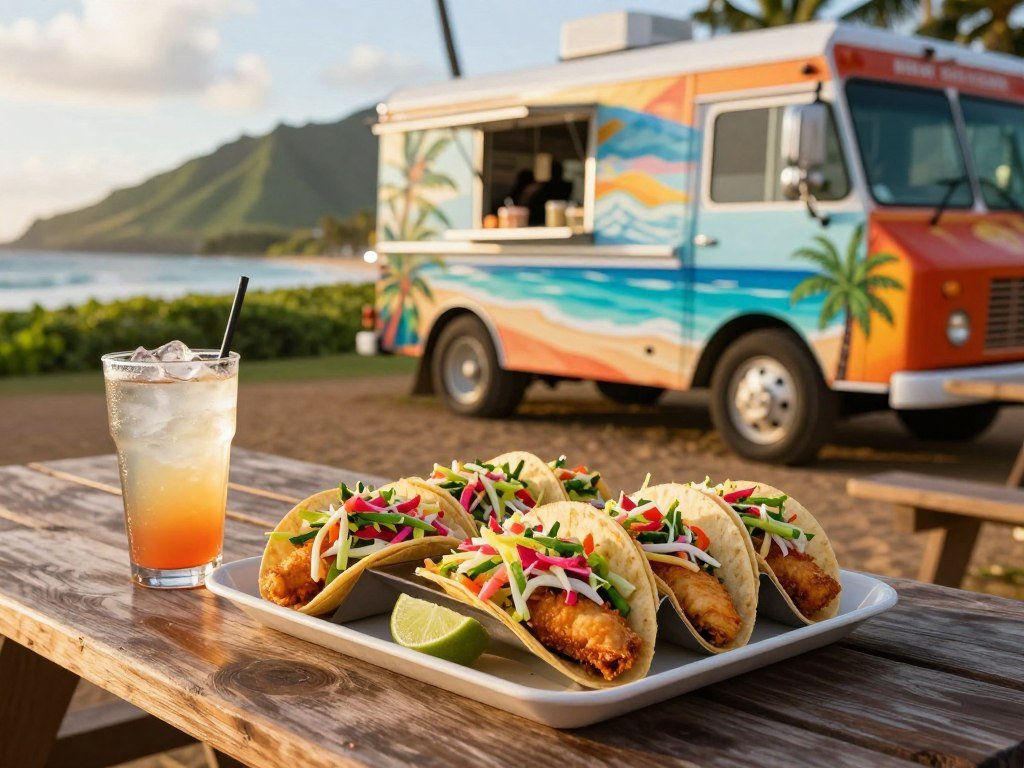 South Maui fish tacos beside a casual food truck meal