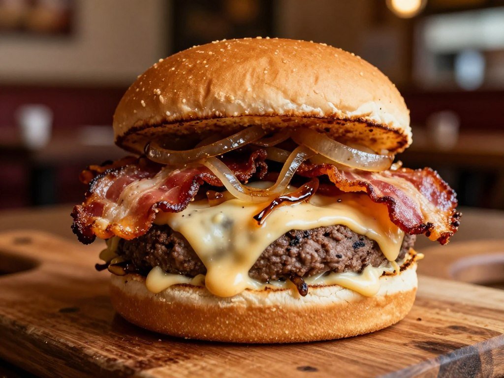 Specialty burger layered with bacon, cheese, onions, and sauce