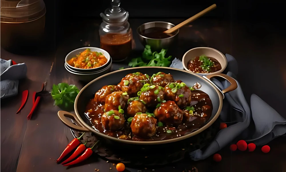 A rustic pan of glossy meatballs in rich brown sauce, garnished with scallions, sits among red chilies and herbs; warm, appetizing food styling.