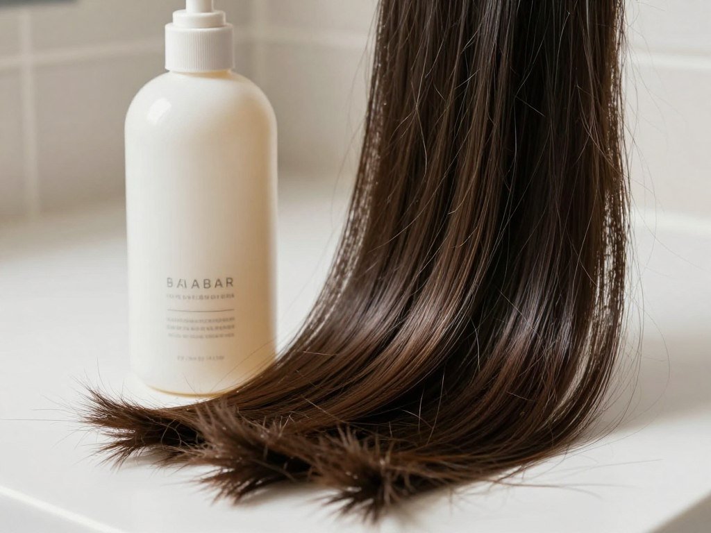 Split ends and breakage on dry hair beside a shampoo bottle Split ends and breakage on dry hair beside a shampoo bottle