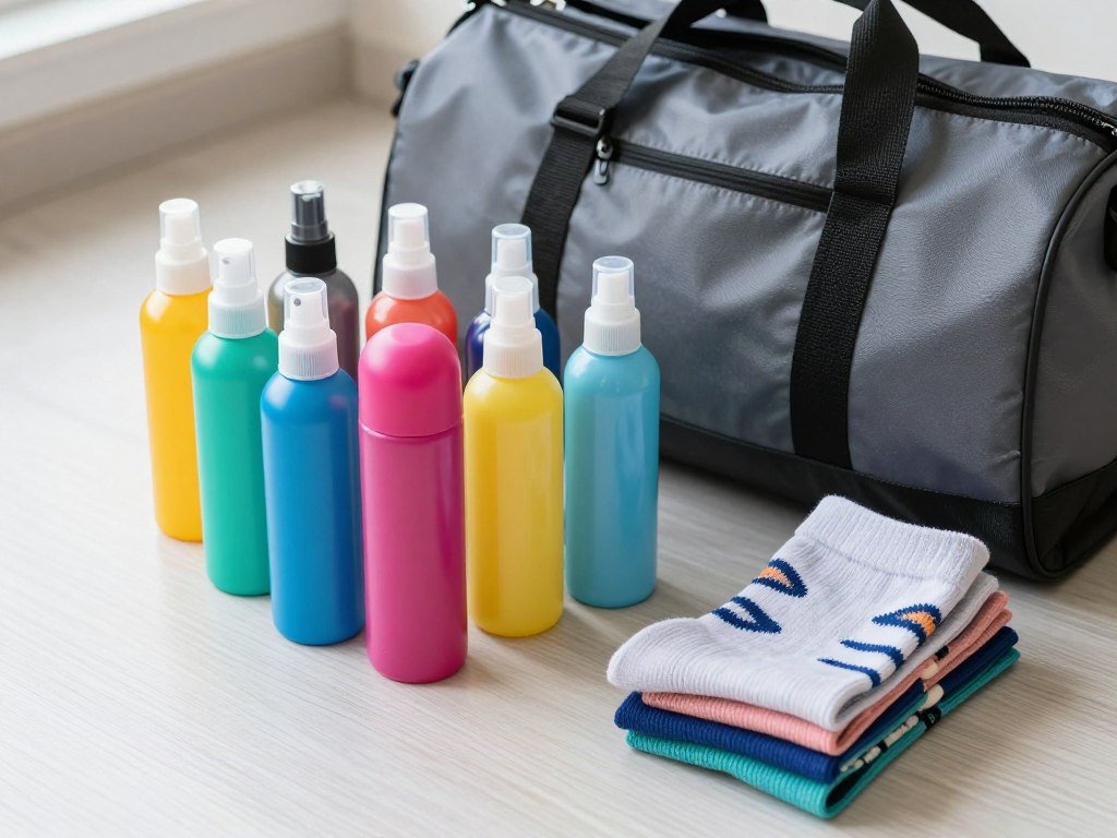 Spray deodorant bottles beside a gym bag and clean socks Spray deodorant bottles beside a gym bag and clean socks