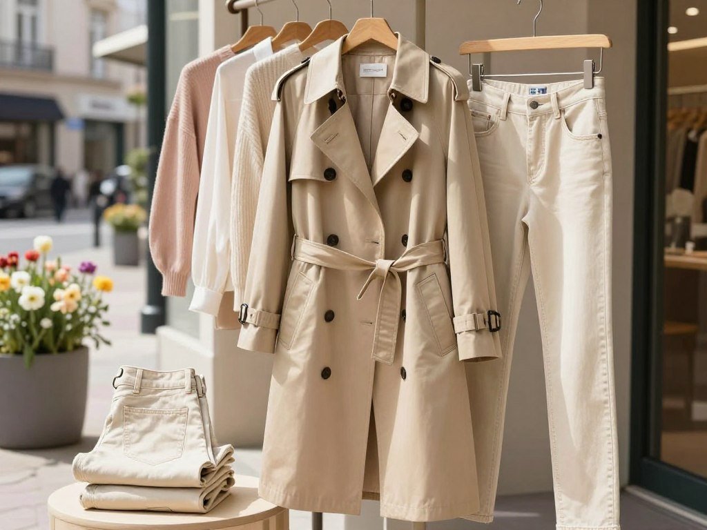 Spring capsule wardrobe with a trench coat and ecru jeans Spring capsule wardrobe with a trench coat and ecru jeans