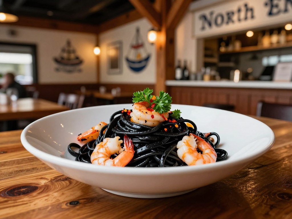 Squid-ink pasta served at a North End seafood restaurant Squid-ink pasta served at a North End seafood restaurant