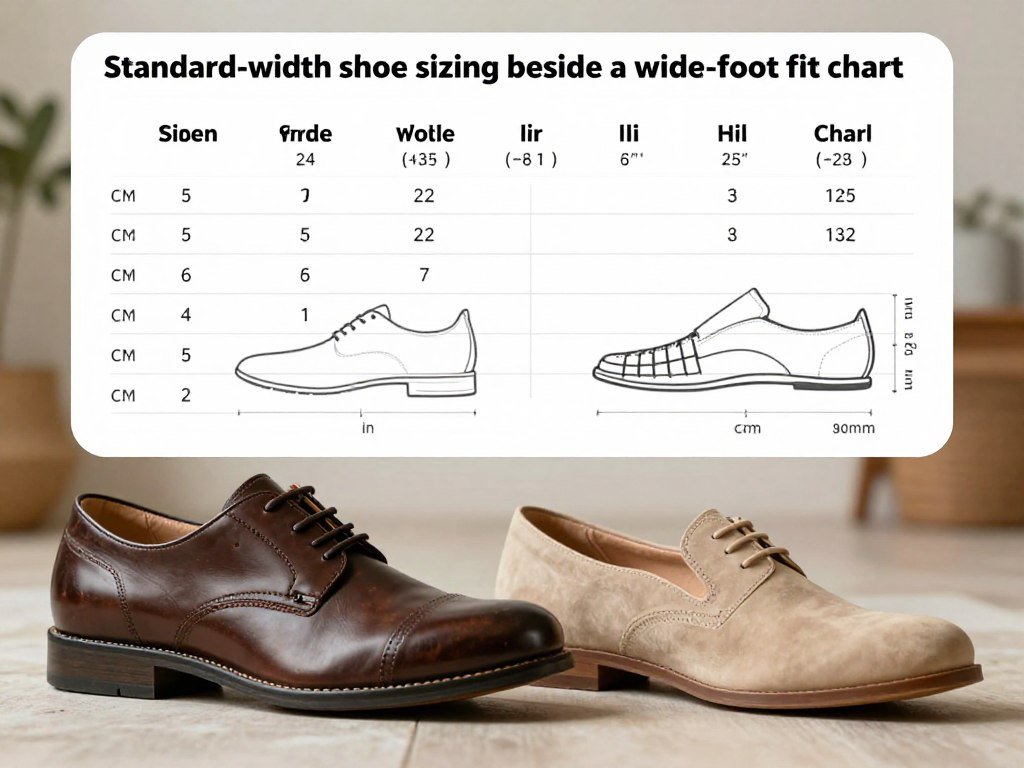 Standard-width shoe sizing beside a wide-foot fit chart