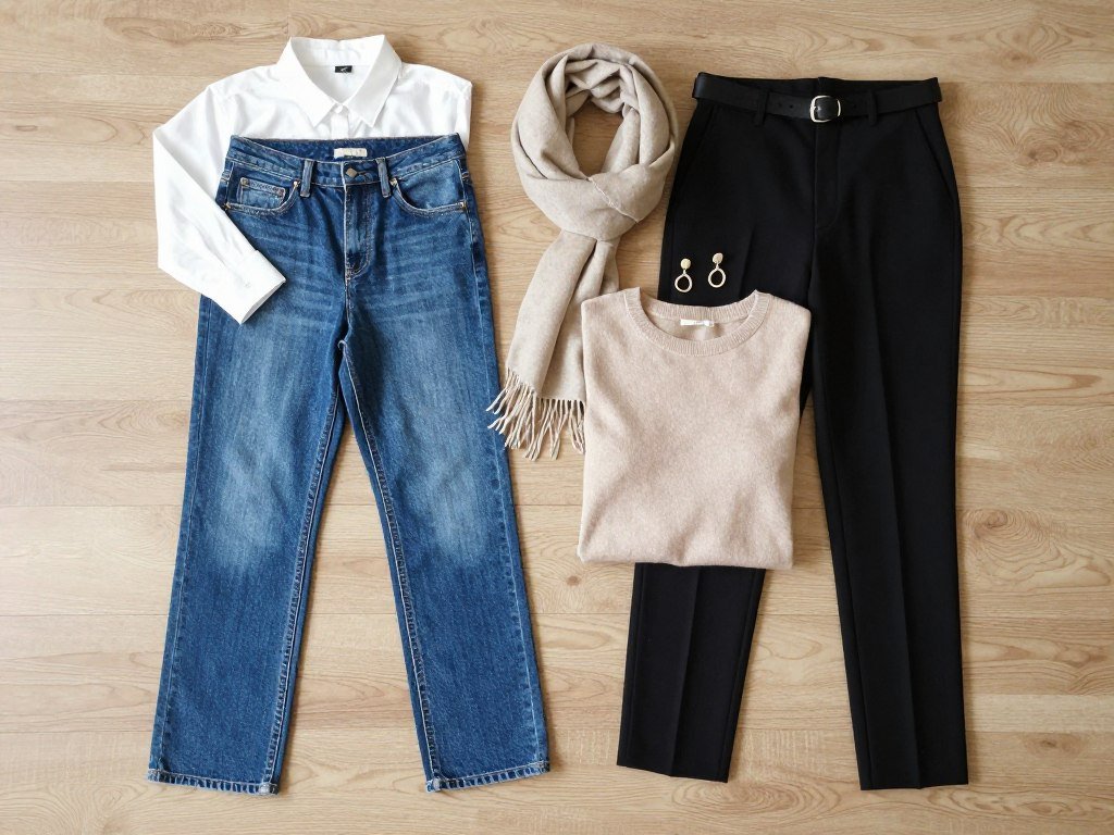 Straight-leg jeans and tailored trousers styled as everyday outfits