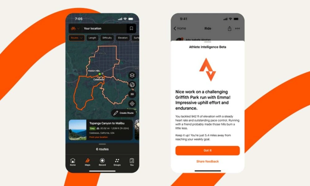 Two smartphone screens show a hiking app map with an orange route and feedback praising a challenging Griffith Park run, in an encouraging tone.