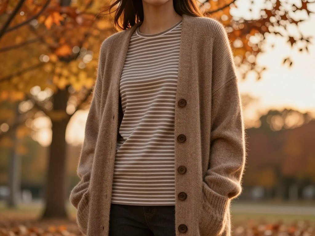 Striped tee and cardigan layered for casual fall style