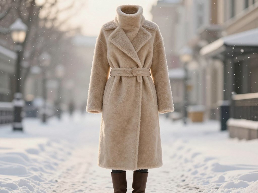 Structured shearling coat with a contoured waist and winter boots Structured shearling coat with a contoured waist and winter boots