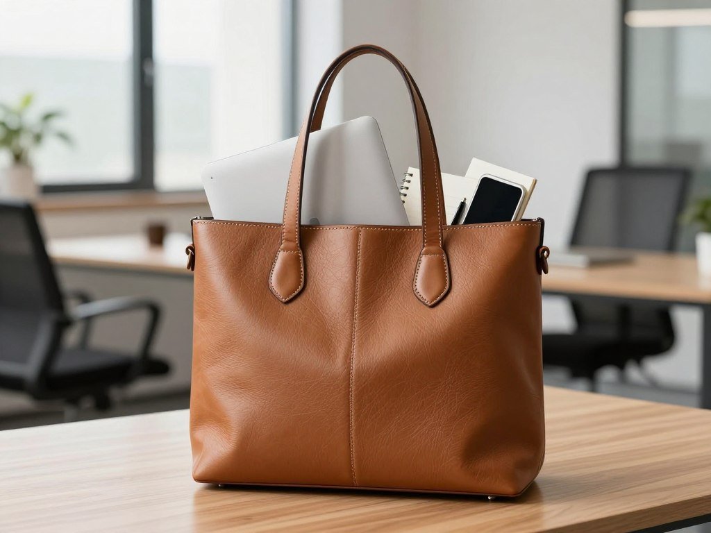 Structured tote holding a laptop and workday essentials Structured tote holding a laptop and workday essentials