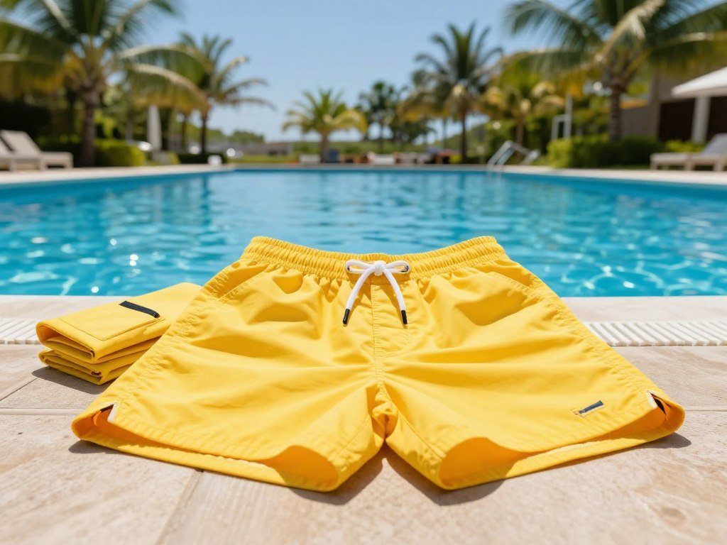 Sunny swim shorts with deep pockets beside a pool on a warm day Sunny swim shorts with deep pockets beside a pool on a warm day