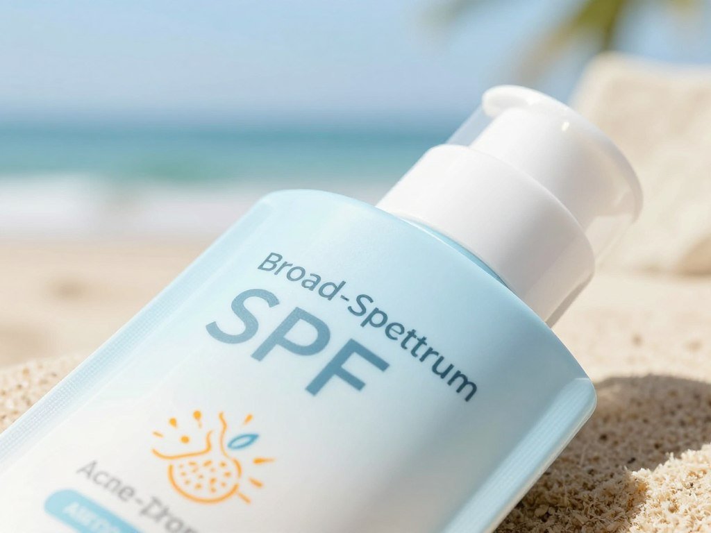 Sunscreen label showing broad-spectrum SPF for acne-prone skin