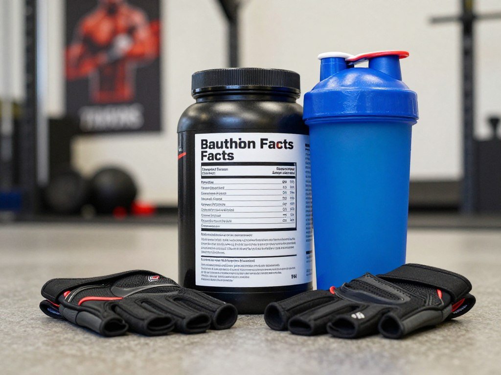 Supplement facts label beside a shaker and workout gloves