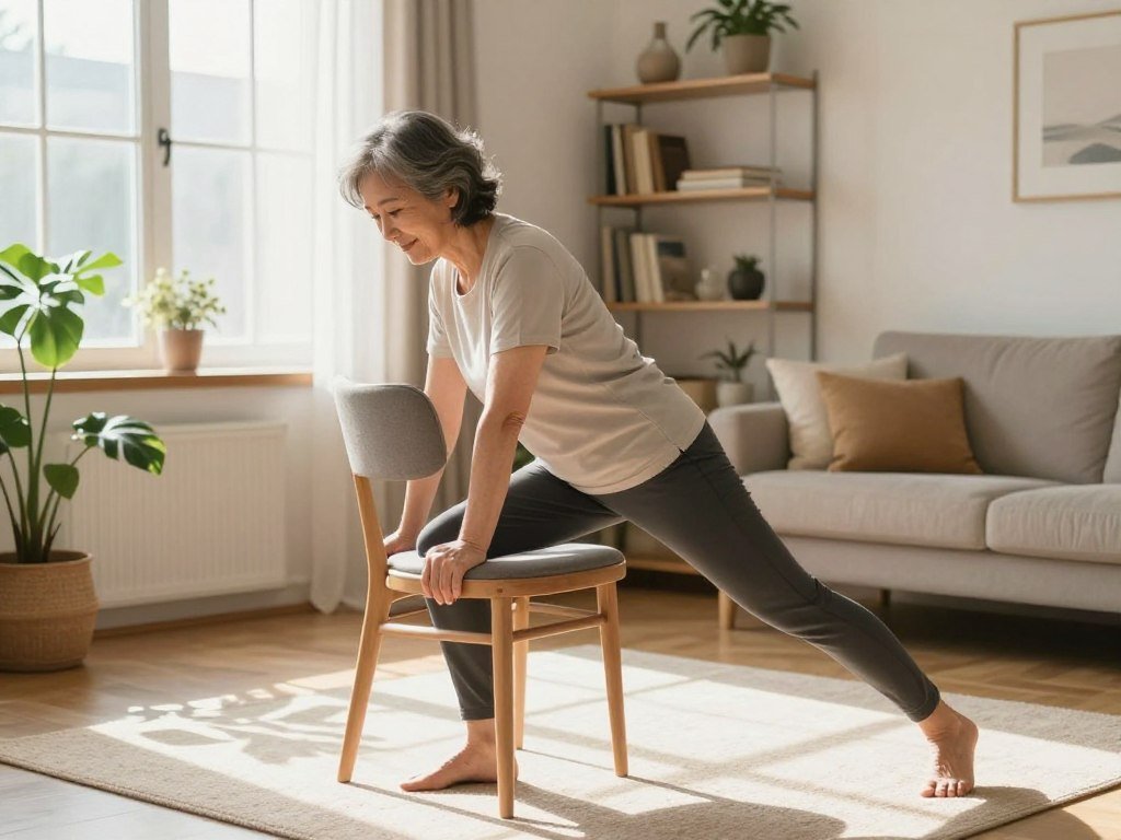 Supported balance exercises beside a chair at home Supported balance exercises beside a chair at home