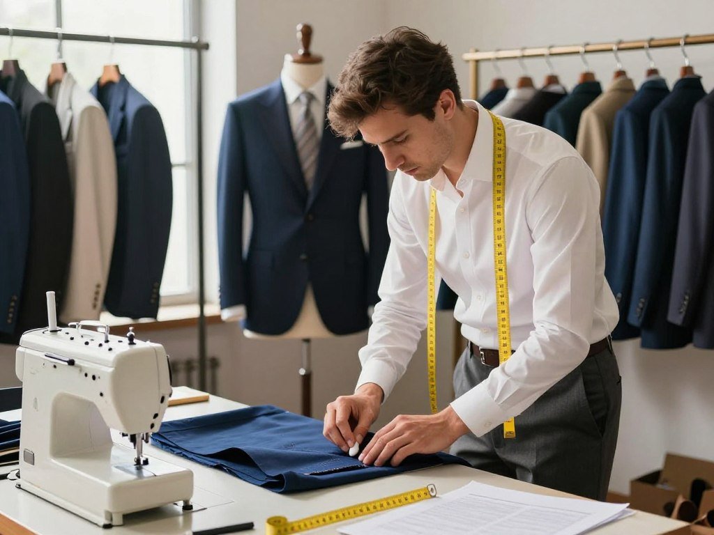 Tailor adjusting the hem of a blazer for a clean fit Tailor adjusting the hem of a blazer for a clean fit