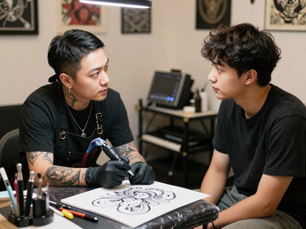 Tattoo client discussing lidocaine and pain with an artist Tattoo client discussing lidocaine and pain with an artist