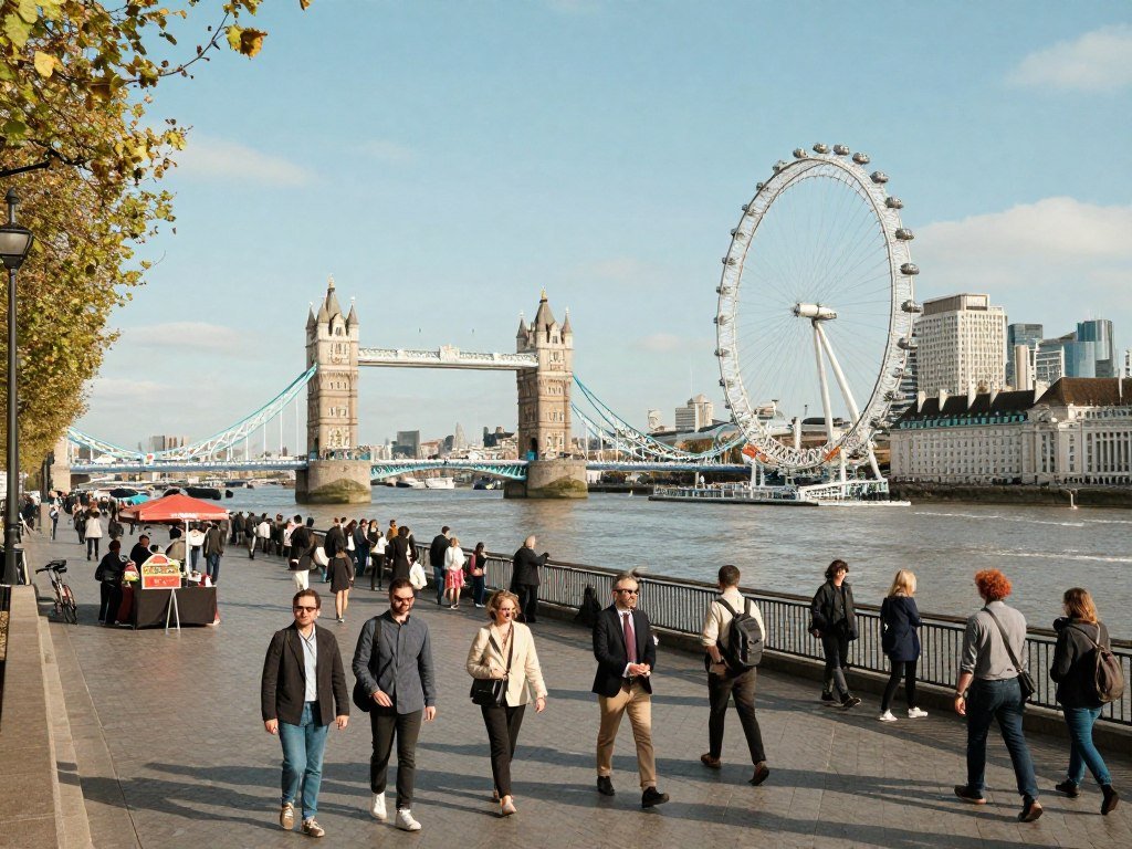 Thames walkway with London landmarks and city streets Thames walkway with London landmarks and city streets