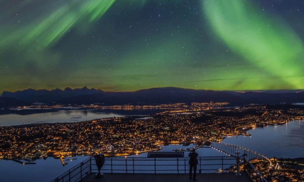 Green aurora borealis sweeps across a starry sky above a mountain-framed city, its glowing waterfront reflected in dark water; two viewers watch in awe.