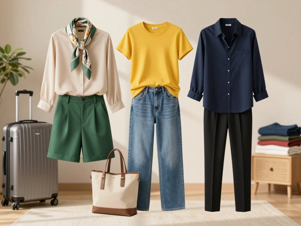 Three coordinated tops and bottoms arranged for travel outfit choices