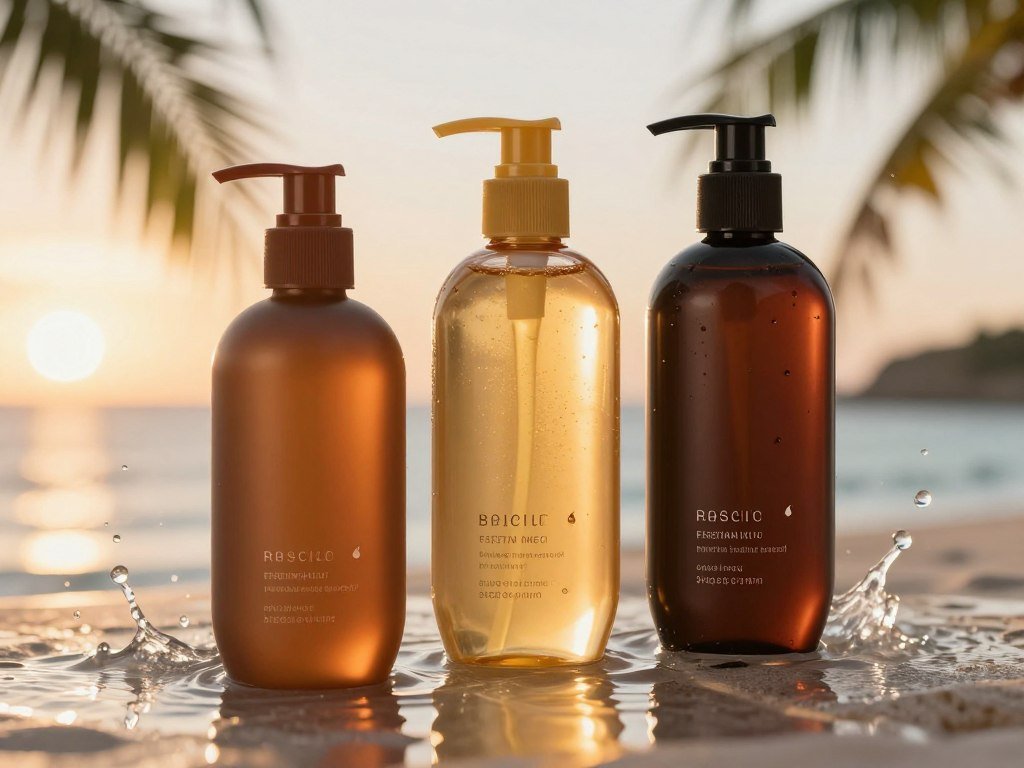Three tanning lotion formulas showing different color effects Three tanning lotion formulas showing different color effects