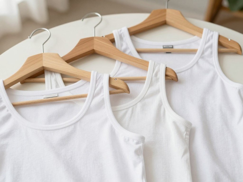 Three white tank tops compared by size and fabric