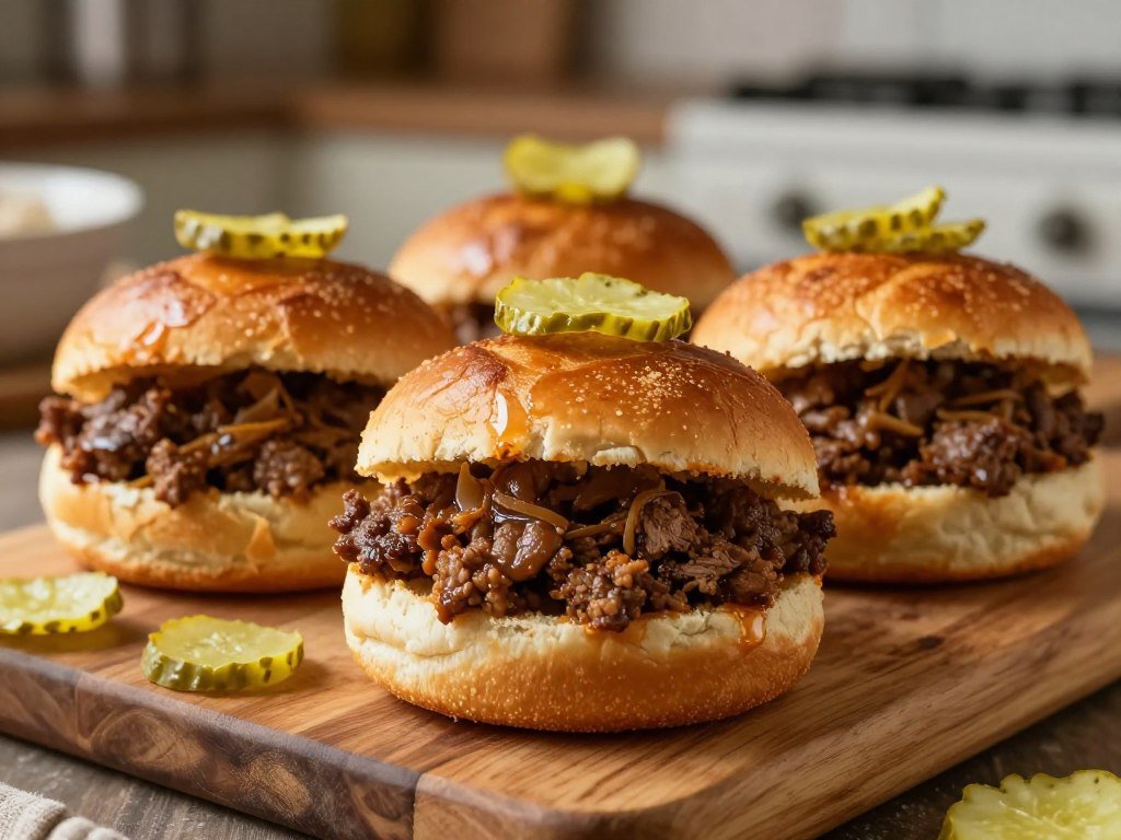 Toasted buns topped with Sloppy Joe filling and pickle chips Toasted buns topped with Sloppy Joe filling and pickle chips
