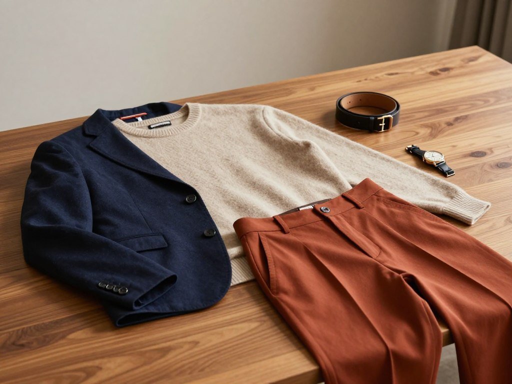 Tonal modern basics beside a traditional navy blazer Tonal modern basics beside a traditional navy blazer