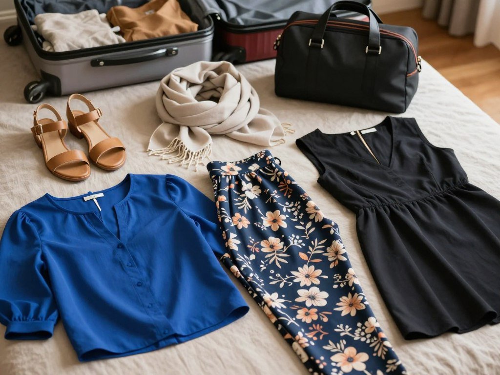 Tops trousers and a dress laid out for a travel capsule