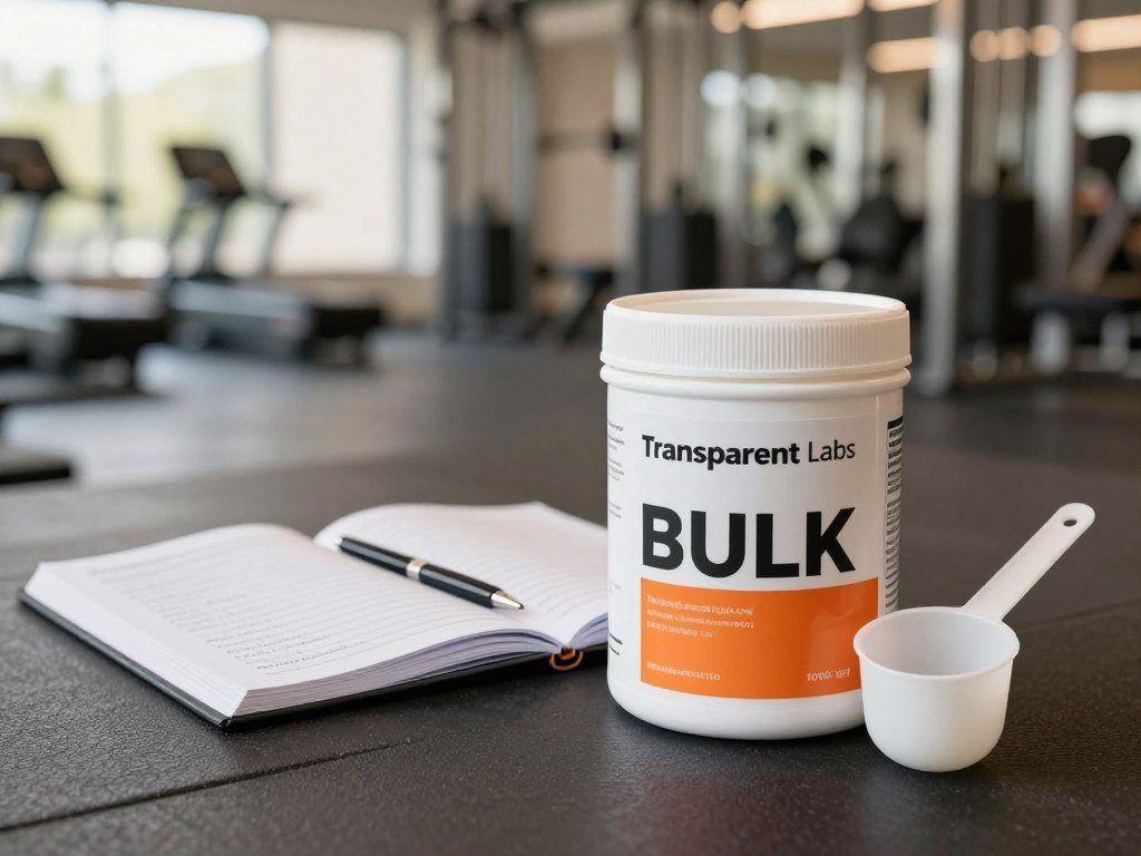 Transparent Labs BULK tub beside a scoop and training journal Transparent Labs BULK tub beside a scoop and training journal