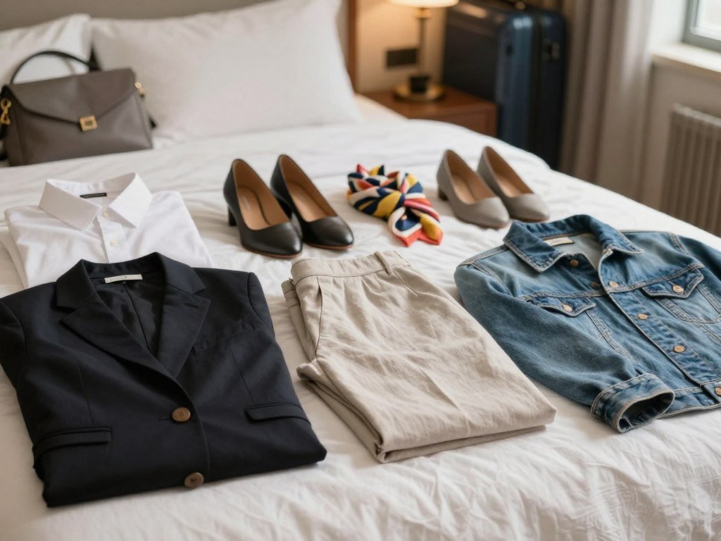 Travel capsule clothes arranged for several mix-and-match outfits Travel capsule clothes arranged for several mix-and-match outfits