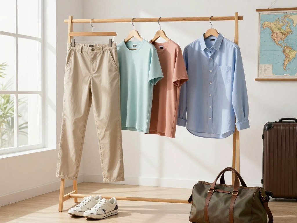 Travel capsule outfit options with chinos, tees, and a button-down Travel capsule outfit options with chinos, tees, and a button-down