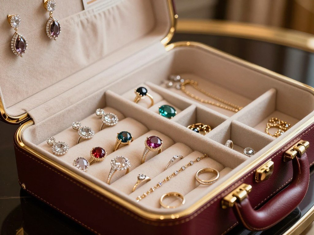 Travel jewelry case packed with earrings, rings, and necklaces