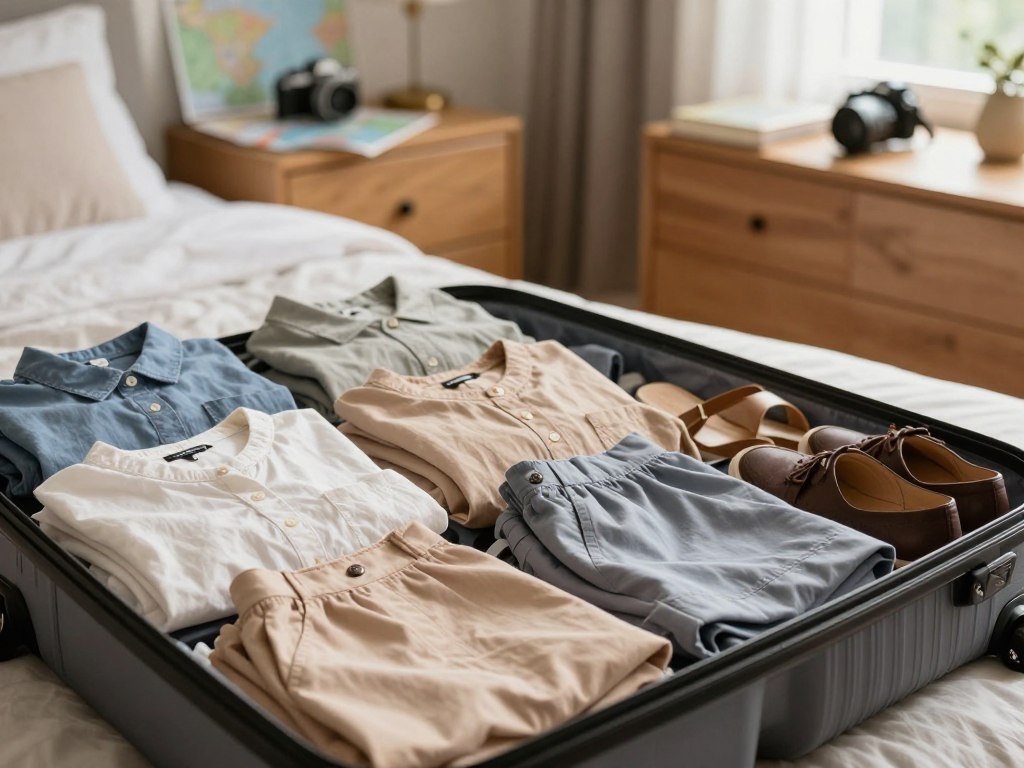 Travel packing list beside tops, bottoms, and shoes Travel packing list beside tops, bottoms, and shoes