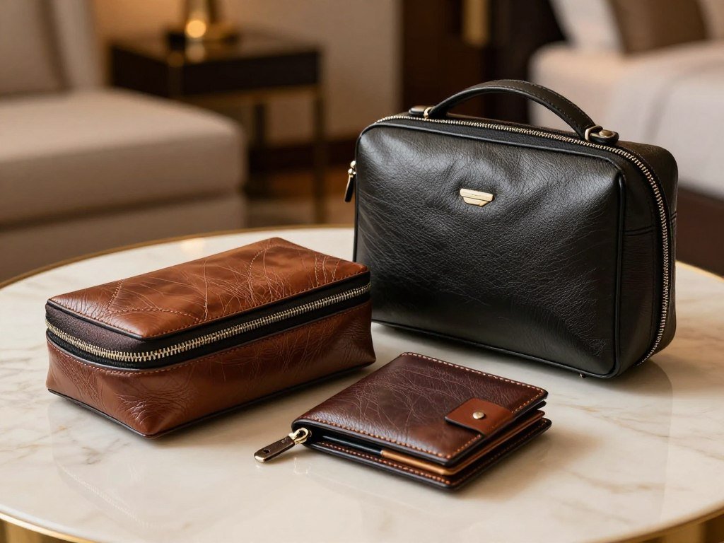 Travel pouch and wallet arranged beside a compact toiletry case Travel pouch and wallet arranged beside a compact toiletry case