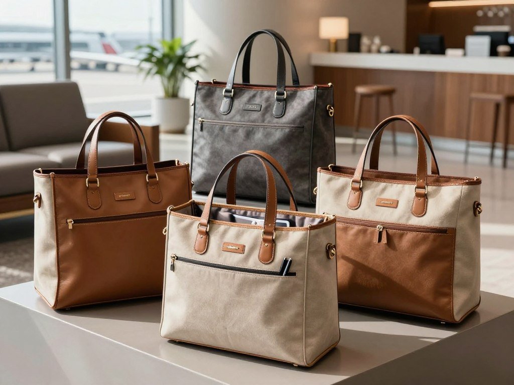 Travel totes with laptop sleeves and luggage pass-through panels Travel totes with laptop sleeves and luggage pass-through panels