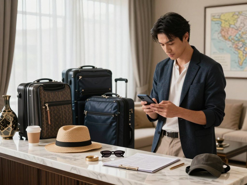Traveler checking a short trip list beside neatly packed luggage Traveler checking a short trip list beside neatly packed luggage