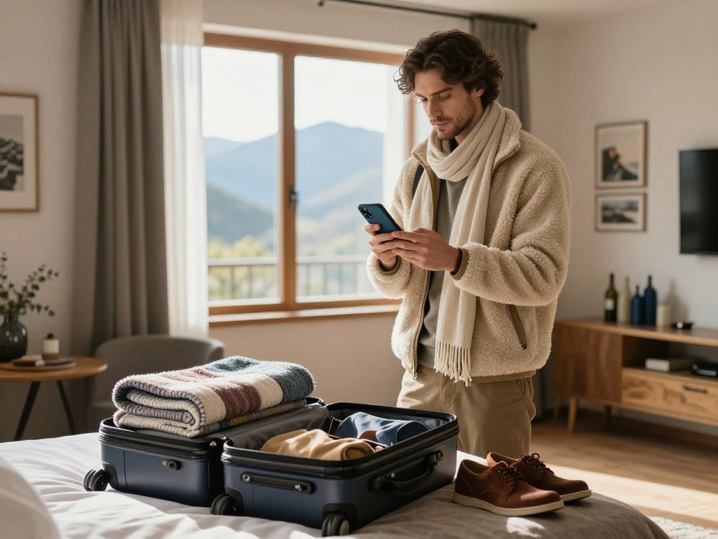 Traveler checking a weather forecast beside warm travel layers