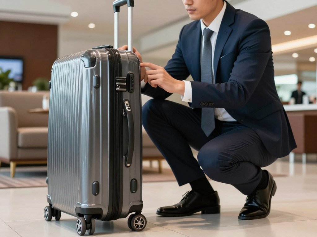 Traveler checking suitcase wheels, handle comfort, and packing compartments Traveler checking suitcase wheels, handle comfort, and packing compartments