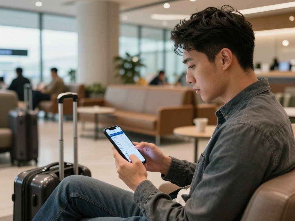 Traveler checks an airline app before heading to the airport