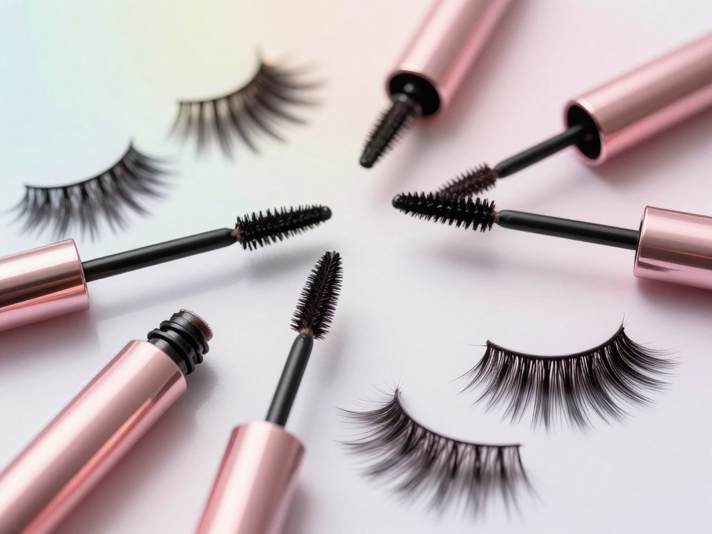 Tubing mascara brushes beside lashes with varied shapes Tubing mascara brushes beside lashes with varied shapes