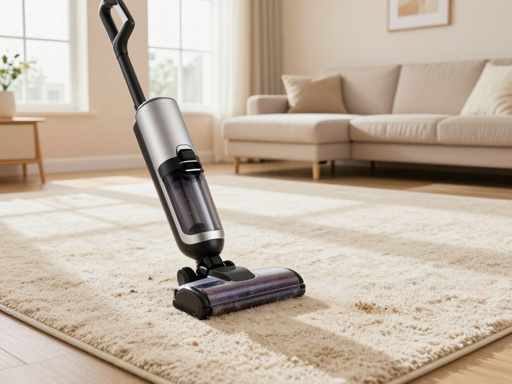 Upright vacuum cleaning carpet in a larger family room