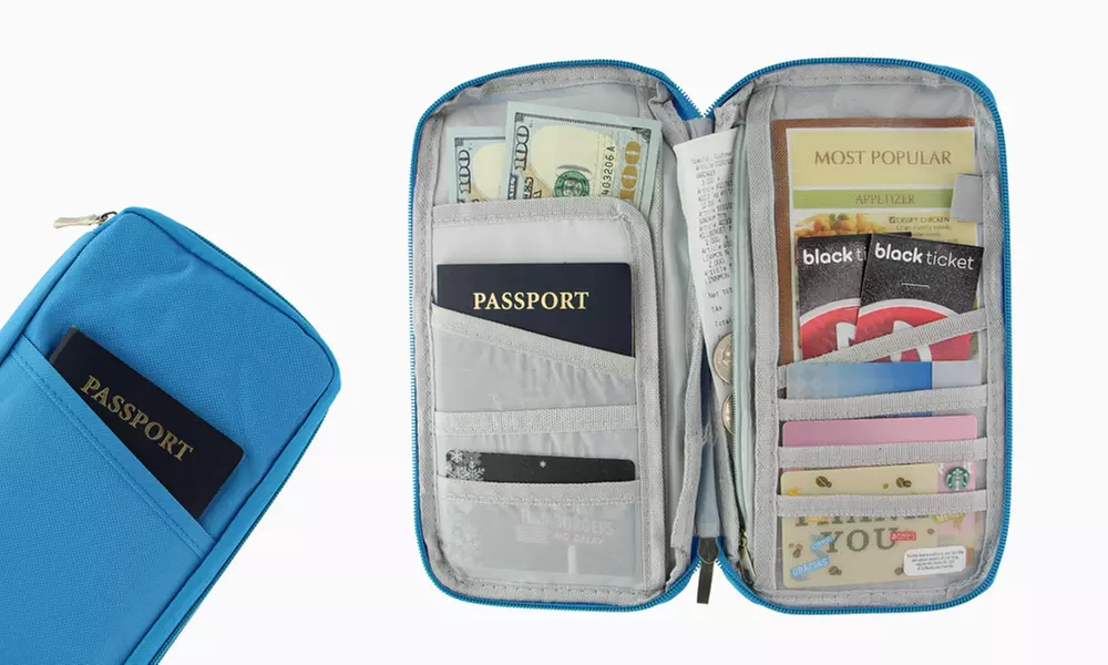 Blue travel wallet shown closed and open, with a passport, cash, cards, and tickets