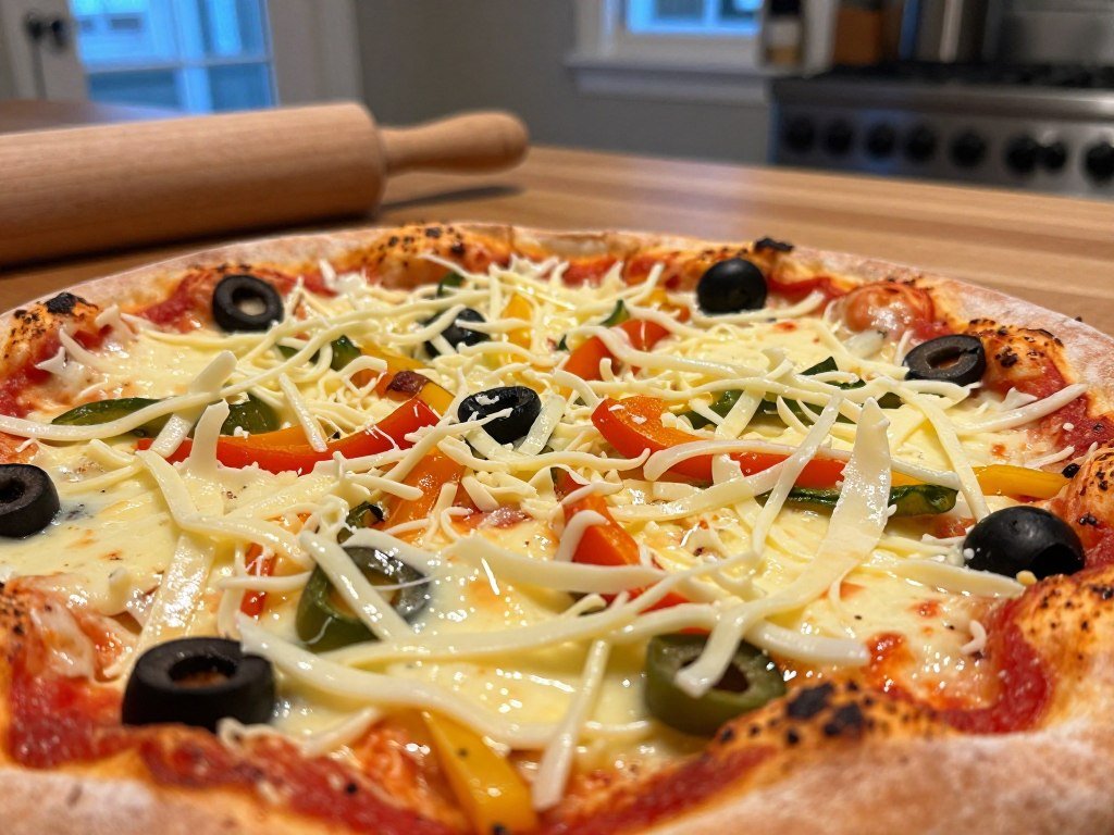 Vegan mozzarella shreds spread across a pizza before baking Vegan mozzarella shreds spread across a pizza before baking