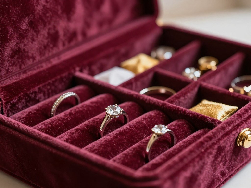 Velvet jewelry box interior with ring rolls and separate compartments