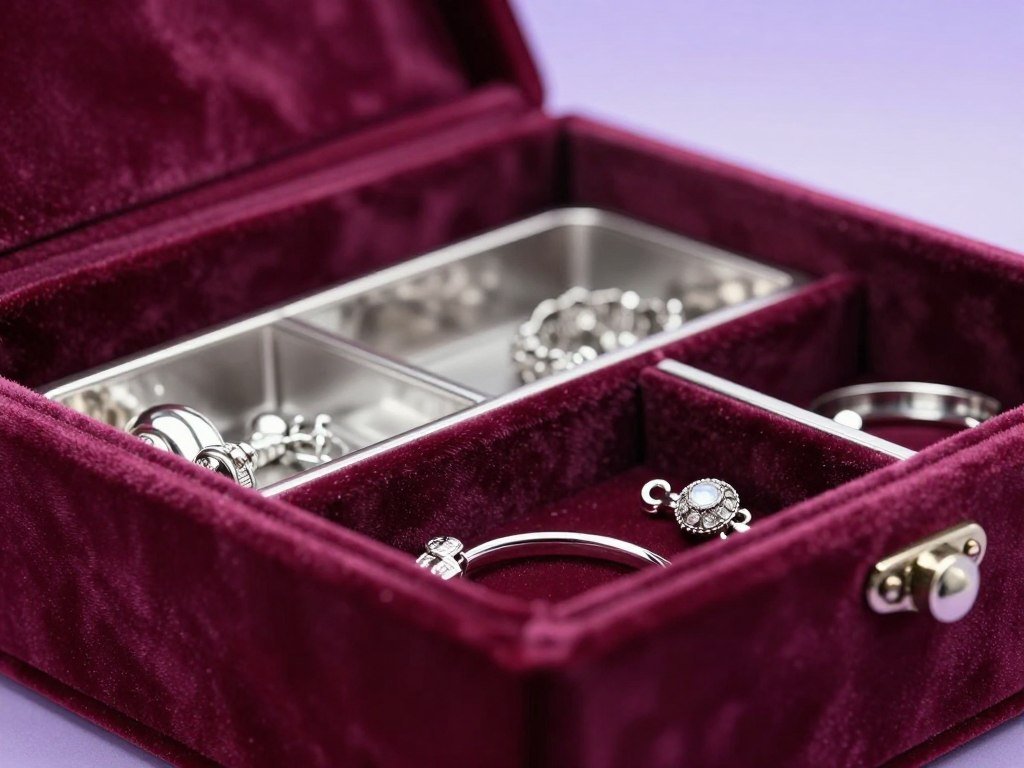 Velvet jewelry box interior with separate silver compartments