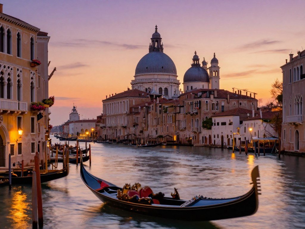 Venice city setting beside a quiet canal and historic buildings